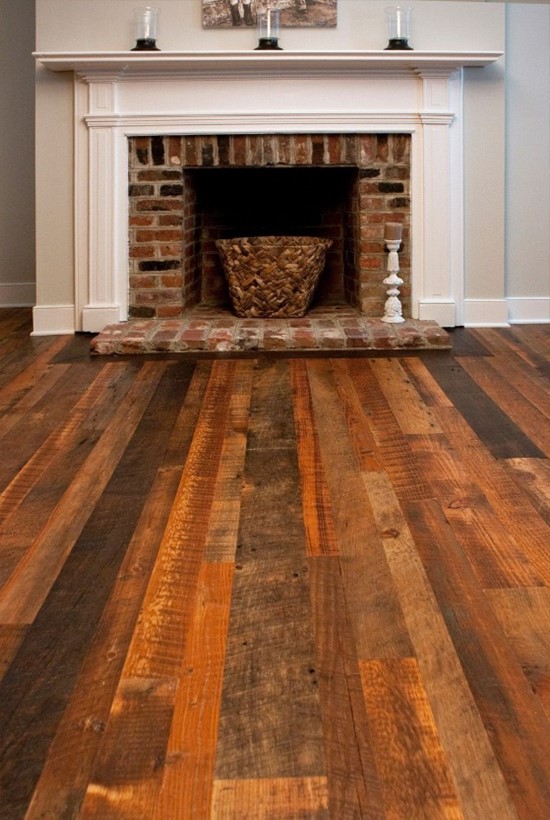 Reclaimed barnwood flooring with hearth