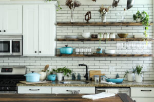 barnwood shelves and countertop in kitchen